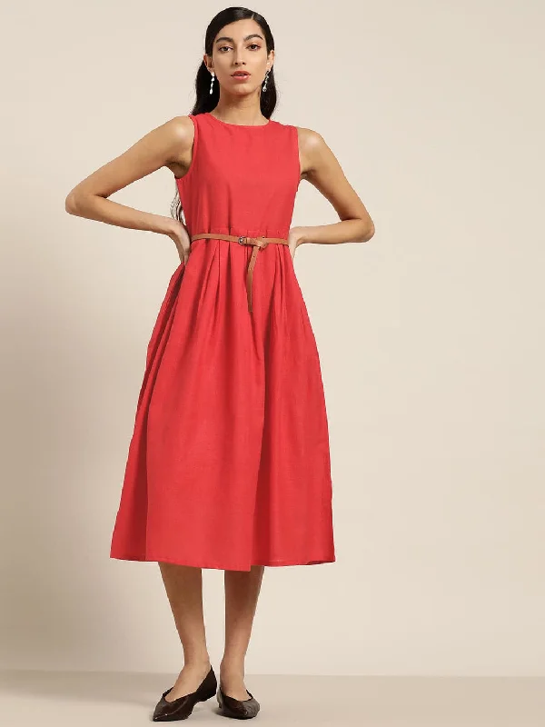 Red Sleeveless Box Pleat Midi Dress Elegant Satin Midi Dress