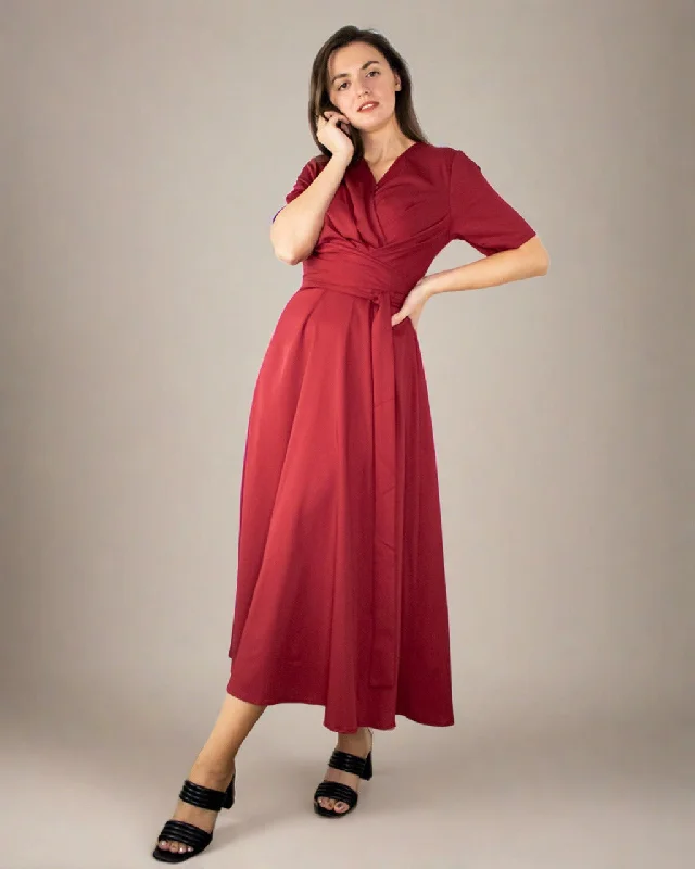 Takara Red Short Sleeve Midi Dress with Wrap Belt Comfortable Deep V Midi Dress