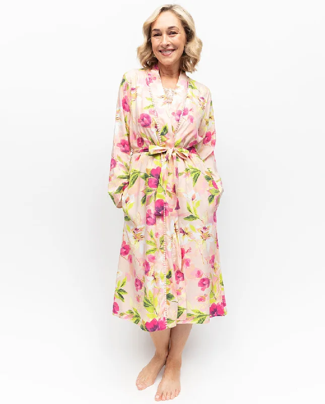 Tessa Lace Trim Floral Print Midi Dressing Gown Trendy Tiered Hem Midi Dress