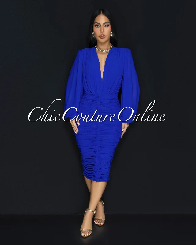 Vanica Royal-Blue Mesh Overlay Plunging V-Neck Midi Dress Stylish Midi Dress with Cuffs