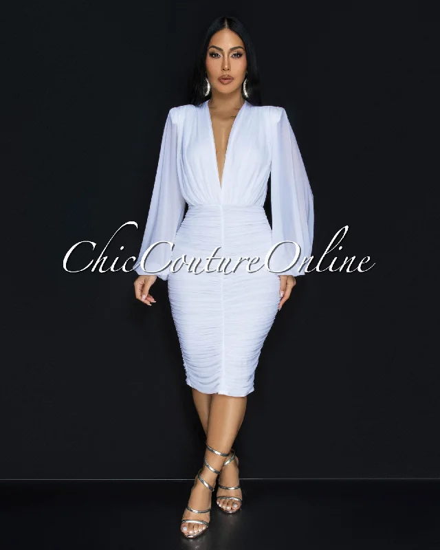 Vanica White Mesh Overlay Plunging V-Neck Midi Dress Comfortable Short Sleeve Midi Dress