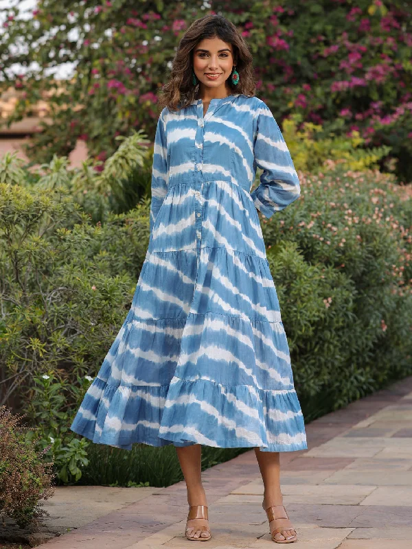 Women Blue Tie and Dye Pure Cotton Fit and Flared Midi Dress Elegant Maxi-Midi Hybrid Dress