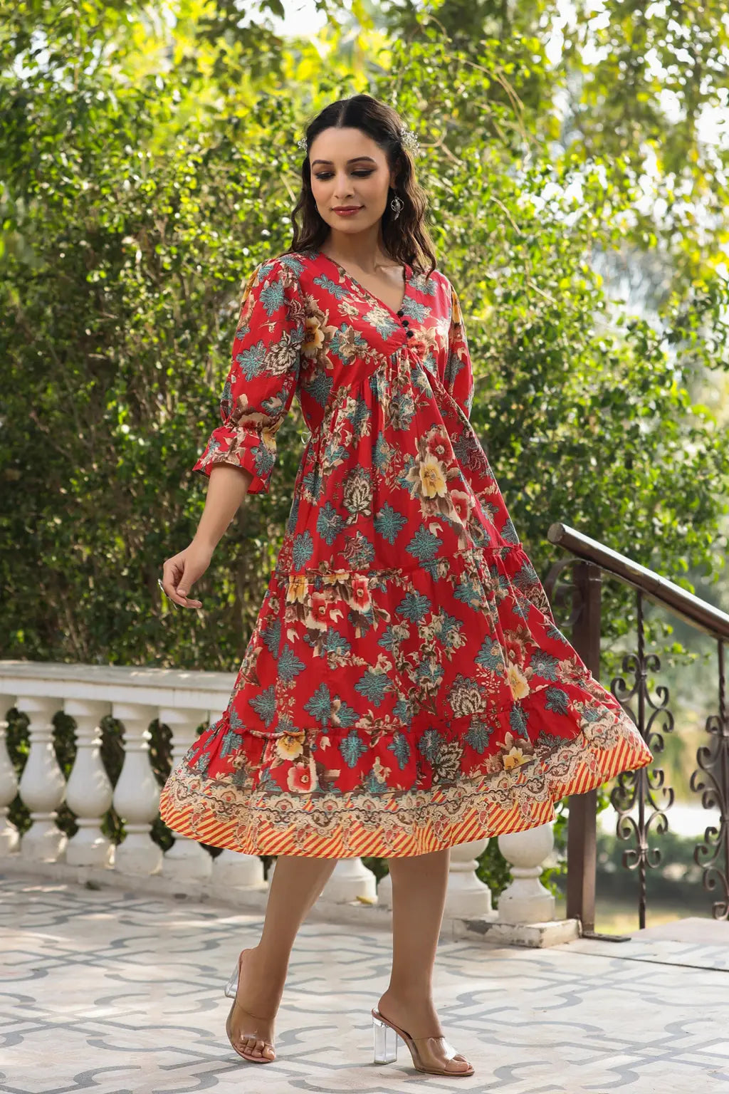 Women Red Ethnic Floral Printed Pure Cotton Knee Length A Line Midi Dress Stylish Silk Midi Dress