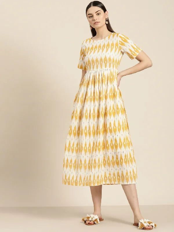 Yellow Ikat Patch Pocket Midi Dress Trendy Fit-and-Flare Midi Dress