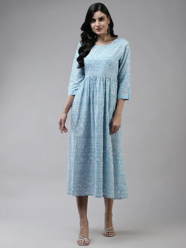 Blue Cotton Ethnic Midi Dress Elegant Pleated Sleeve Midi Dress