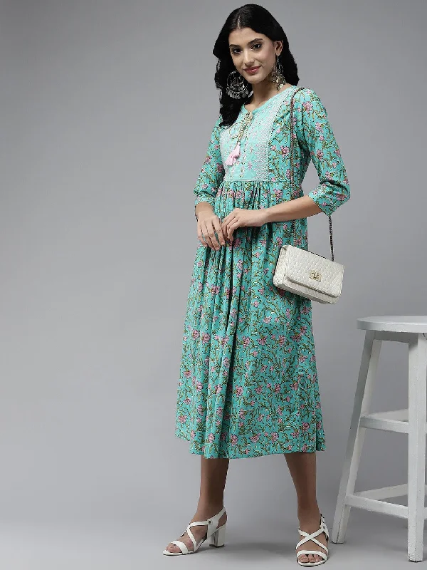 Sea Green Embroidered Cotton Midi Dress Trendy Off-Shoulder Button Midi Dress