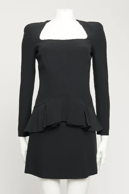 2012 Black Acetate Blend Preowned Long Sleeved Peplum Mini Dress Casual High-Waist Mini Dress