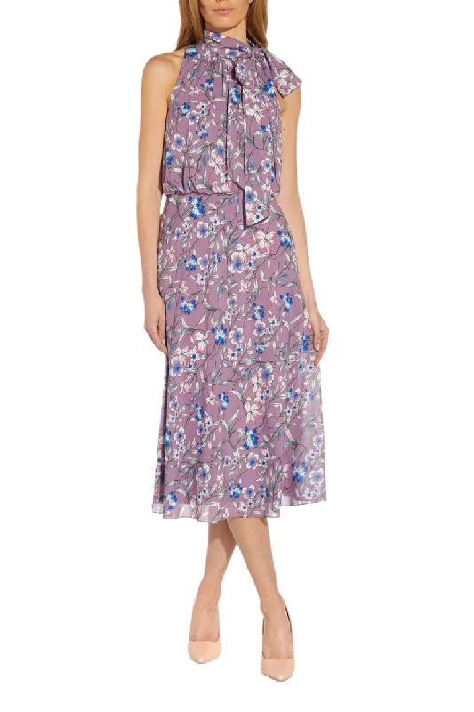 Adrianna Papell AP1D104621 Short Blouson Floral Print Cocktail Midi Dress Elegant Lace Trim Midi Dress