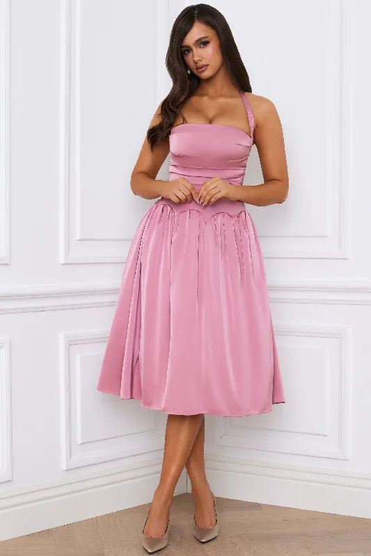 Halterneck Lace-Up Ruched Corset Midi Dress in Mauve Stylish Pleated Skirt Midi Dress