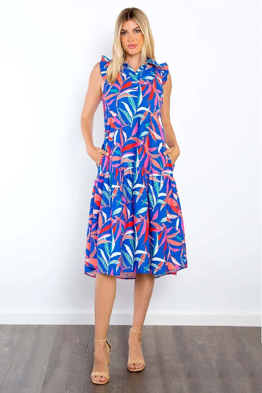 Print Ruffled Midi Dress with Pockets Trendy Knit Midi Dress