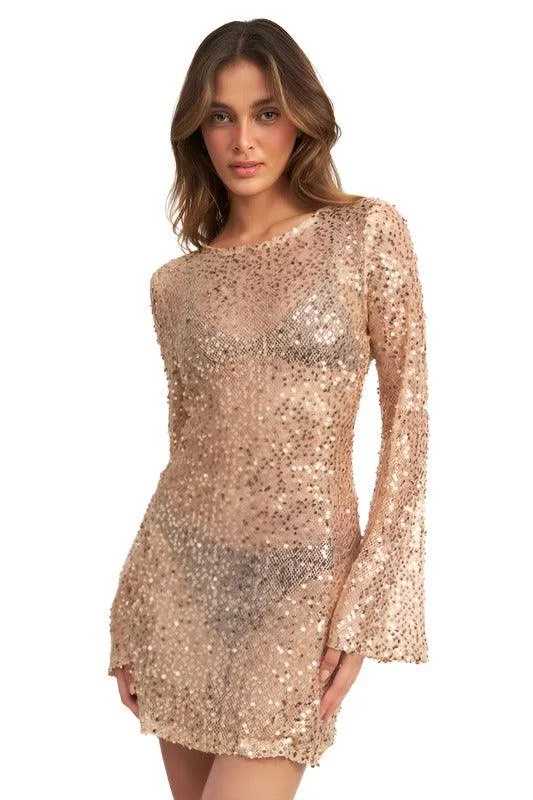 BELL SLEEVE SEQUINS MINI DRESS Classic Shift Mini Dress