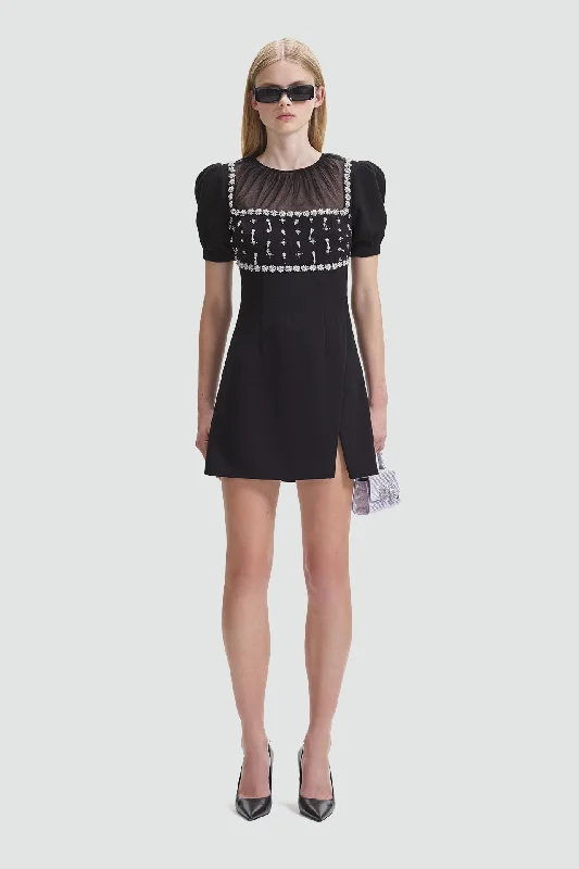 Black Crepe Embellished Mini Dress Stylish Ribbed Mini Dress