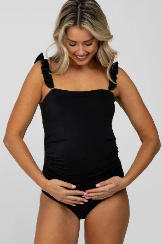 Black Ribbed Square Neck Ruffle Strap One Piece Maternity Swimsuit Vibrant Bikini Design Black Ribbed Square Neck Ruffle Strap One Piece Maternity Swimsuit Vibrant Bikini Design