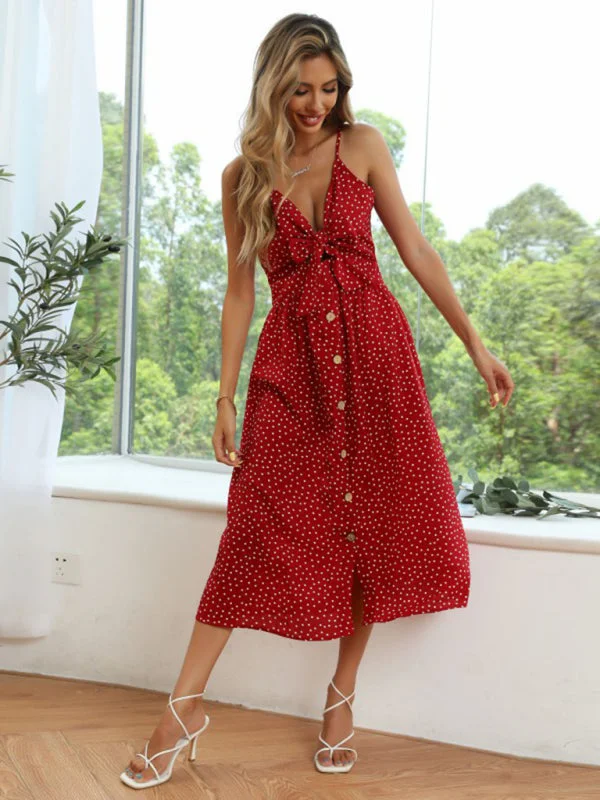 Blue Zone Planet |  Polka-dot lace-up bow A-line Spaghetti Strap Midi dress Comfortable Floral Print Midi Dress