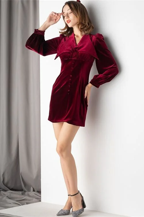 Burgundy Velvet Mini Dress Elegant Lace Mini Dress