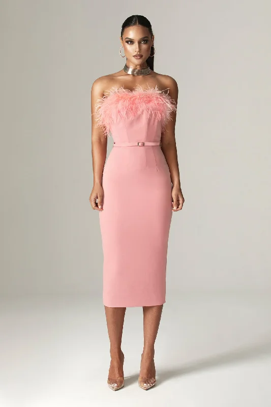 Carmen Strapless Corset Belted Midi Dress (Blush Pink) Stylish Cold Shoulder Midi Dress