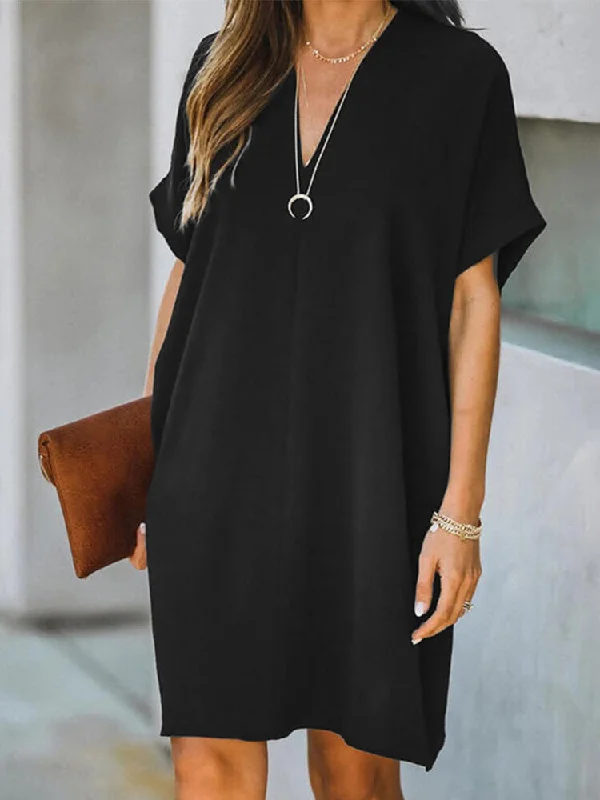 Casual Mini Dress V-neck Loose Short Sleeve Solid Casual Cozy Long Sleeve Mini Dress