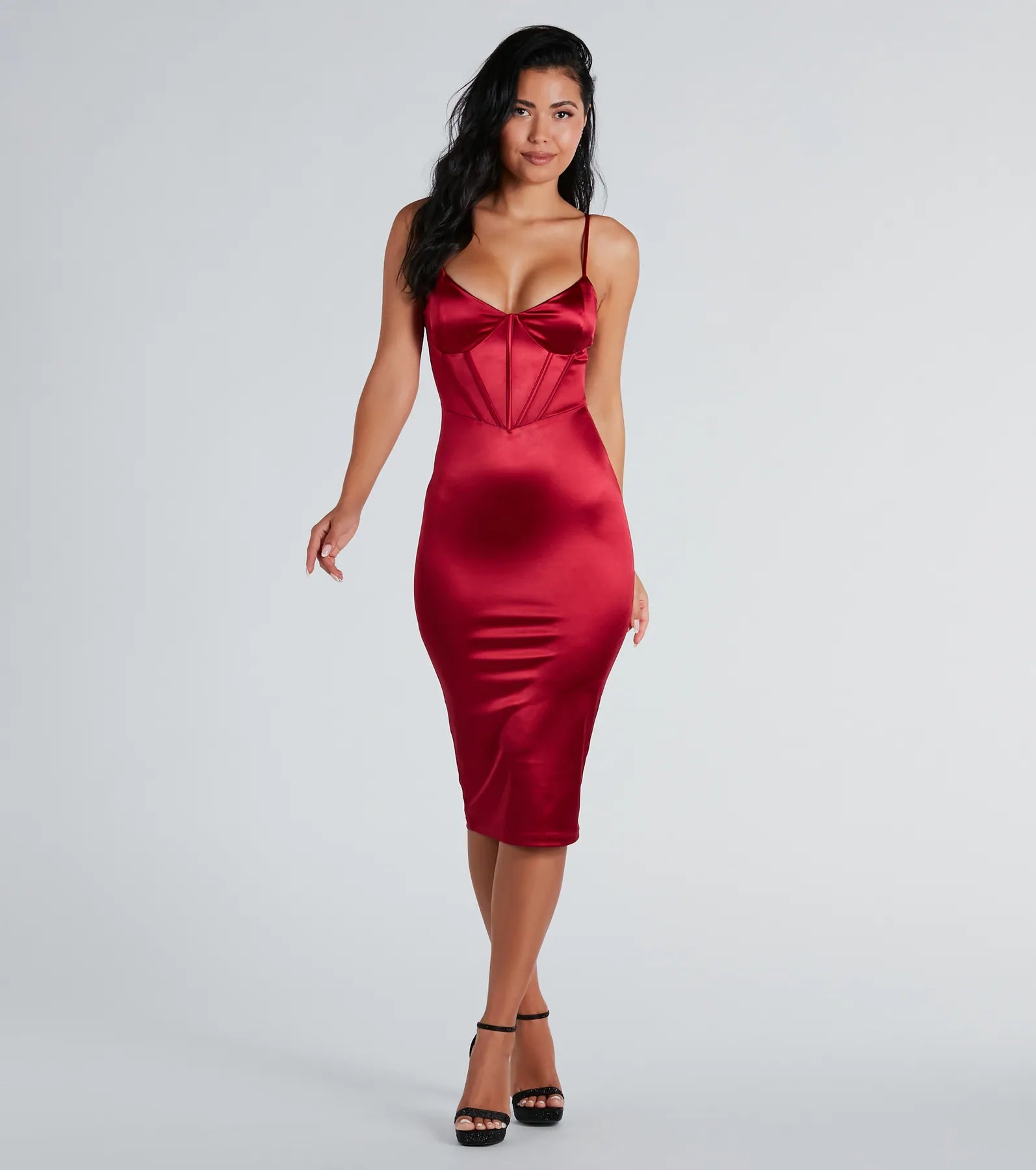 Chantel Formal Satin Corset Lace-Up Midi Dress Elegant Sleeveless Midi Dress