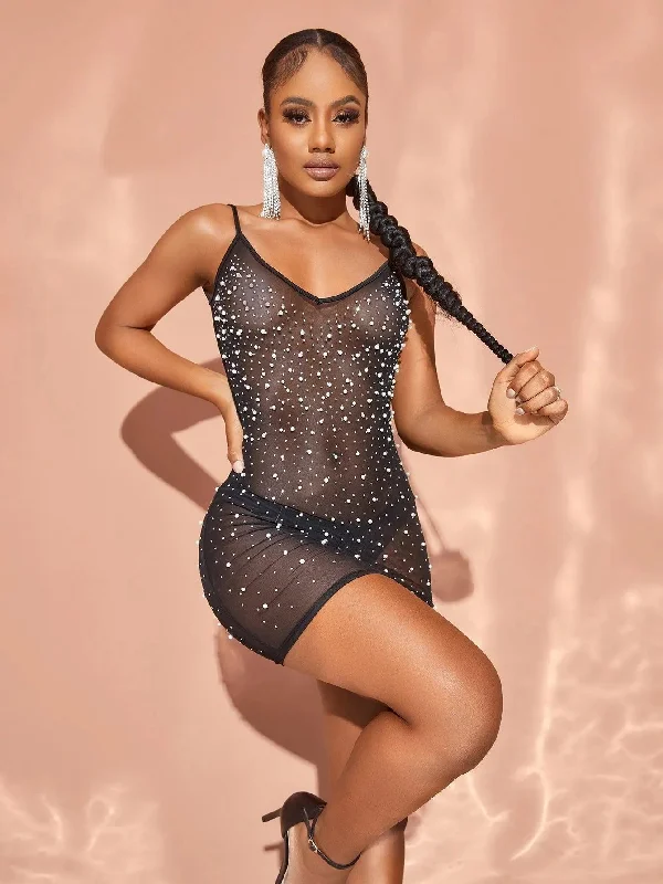 Chic Rhinestone Detail Backless Cami Mini Dress Trendy Lace Mini Dress