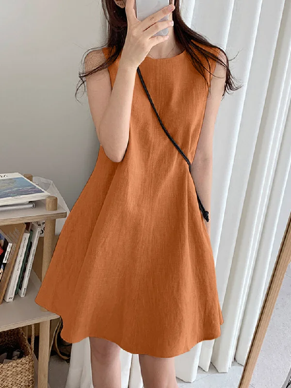 Cotton Pure Color Round Neck Sleeveless Casual Women Mini Dress Comfortable Boho Mini Dress