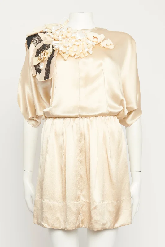 Cream Silk Embellished Preowned Mini Dress Comfortable Ruffle Mini Dress