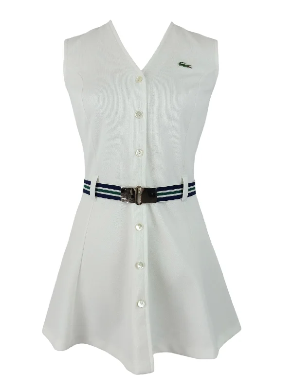 Vintage 80s Lacoste Preppy White Crimplene Sleeveless Tennis A-Line Circle Mini Dress with Striped Elasticated Buckle Belt Comfortable Smocked Mini Dress