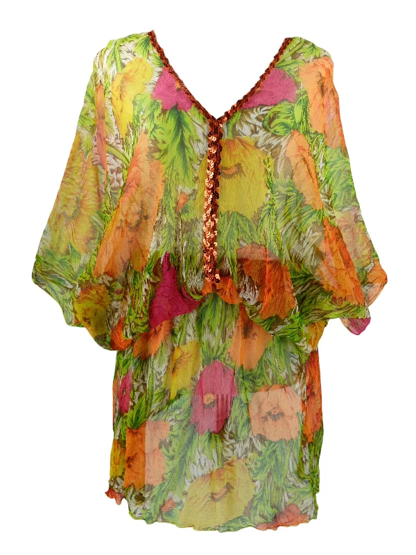 Vintage 2000s Y2K Silk Bohemian Hippie Sheer V-Neck 3/4 Butterfly Sleeve Mini Dress Tunic with Cinched Waist & Sequin Detail | Size S Stylish Short-Sleeve Mini Dress