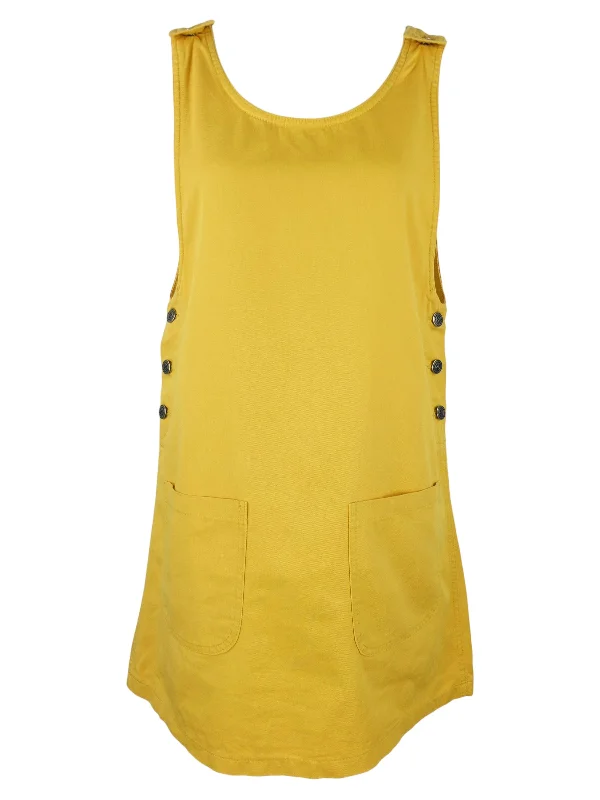 Vintage 90s Y2K Bohemian Preppy Mod Solid Yellow Pinafore Sleeveless Tank A-Line Above-the-Knee Cotton Mini Dress | Size S Stylish Ruffle Mini Dress