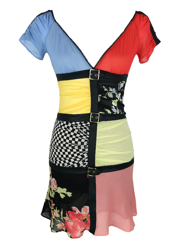 Vintage 2000s Y2K Rocco Barocco Designer Silk Mondrian Style Mod Avant-Garde Colourblock Checkered & Floral Patchwork V-Neck Short Sleeve Above-the-Knee Mini Dress with Buckle Details | Size S Elegant Mini Dress with Ruffles