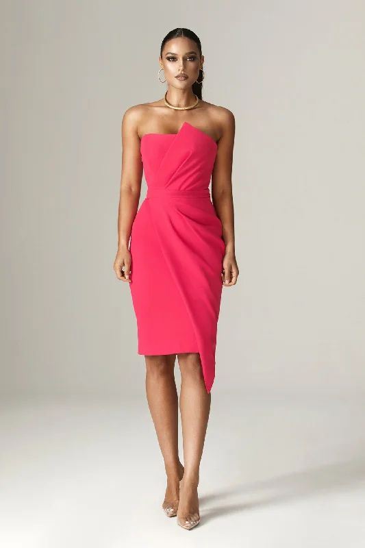 Eliana Crepe Corset Midi Dress (Fuchsia) Fashionable One-Shoulder Midi Dress