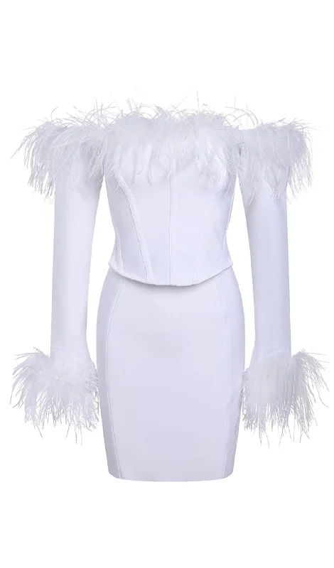 FEATHER CORSET MINI DRESS IN WHITE Modern Satin Mini Dress