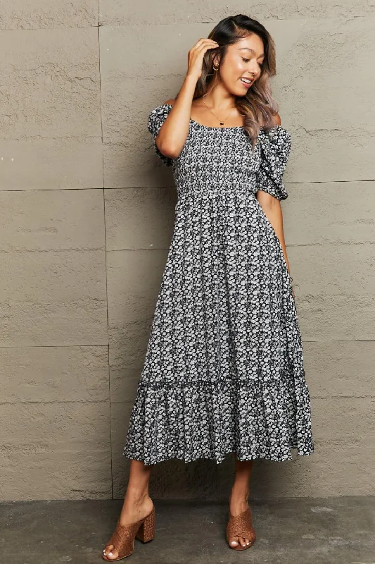 Floral Lace-Up Off-Shoulder Midi Dress Elegant Floral Skirt Midi Dress