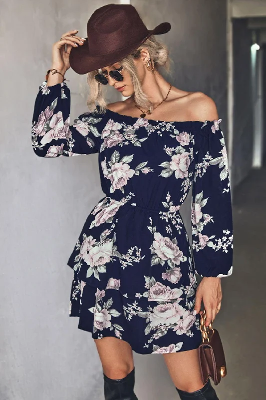 Floral Off-Shoulder Layered Mini Dress Elegant Mini Dress with Pleats