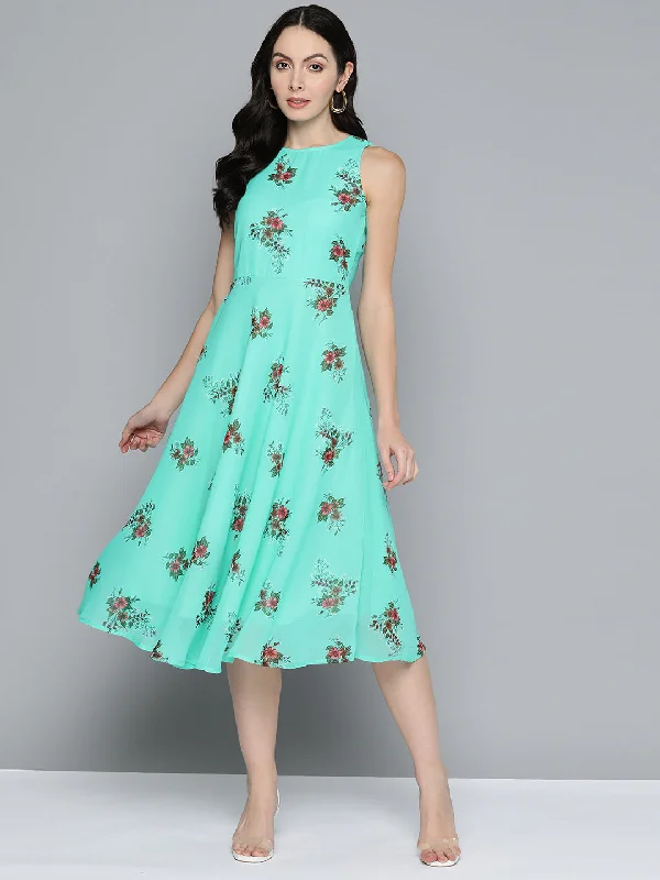 Floral Print Georgette A-Line Midi Dress Comfortable Button Front Midi Dress