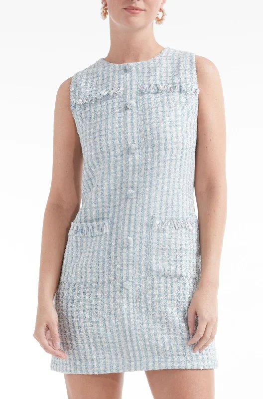 Fortunata Tweed Pocket Shift Mini Dress in Blue - FINAL SALE Chic Pleated Mini Dress