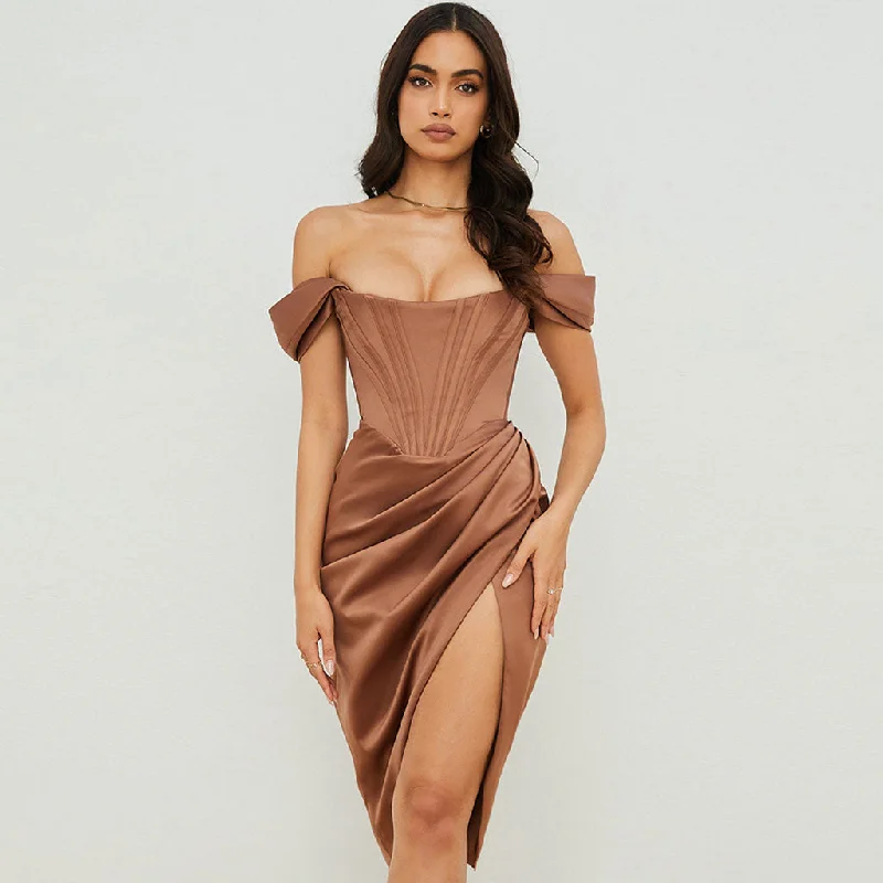 Glossy Satin Off Shoulder Draped Corset Cocktail Midi Dress - Chocolate Fashionable Casual Midi Dress