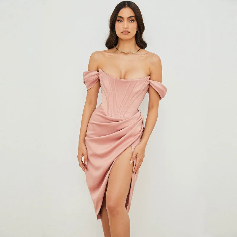 Glossy Satin Off Shoulder Draped Corset Cocktail Midi Dress - Pink Comfortable Knitwear Midi Dress