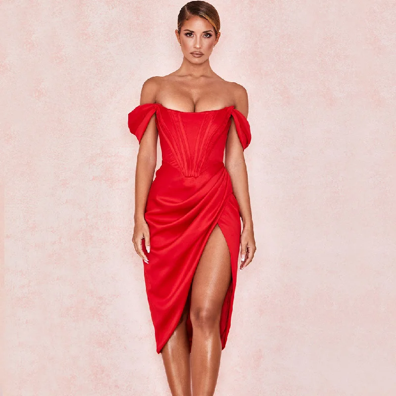 Glossy Satin Off Shoulder Draped Corset Cocktail Midi Dress - Red Elegant Floral Appliqué Midi Dress