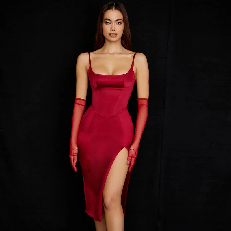 Glossy Satin Scoop Neck High Slit Slip Cocktail Midi Dress - Red Stylish High-Waisted Midi Dress