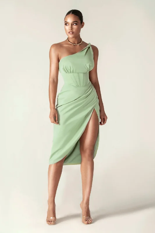 Harper Corset Satin Midi Dress (Sage Green) Stylish Button-Down Midi Dress