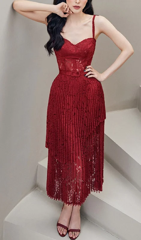 HOLLOW LACE SUSPENDER MIDI DRESS IN RED Fashionable Sheer Sleeve Midi Dress