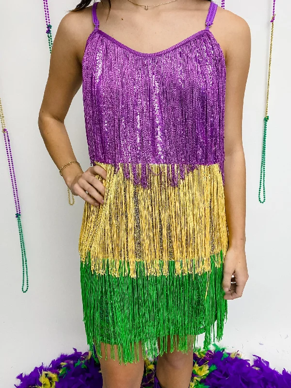 Mardi Gras Sequin Fringe Mini Dress Chic Halter Mini Dress