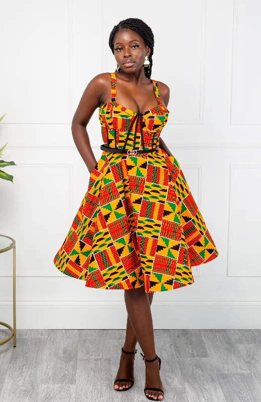 Kente African Print Fit & Flare Corset Midi Dress - KENYA Chic Floral Print Midi Dress