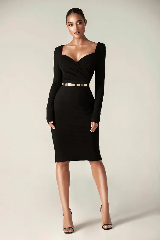 Khai Sweetheart Neckline Midi Dress (Black) Stylish High-Waisted Midi Dress