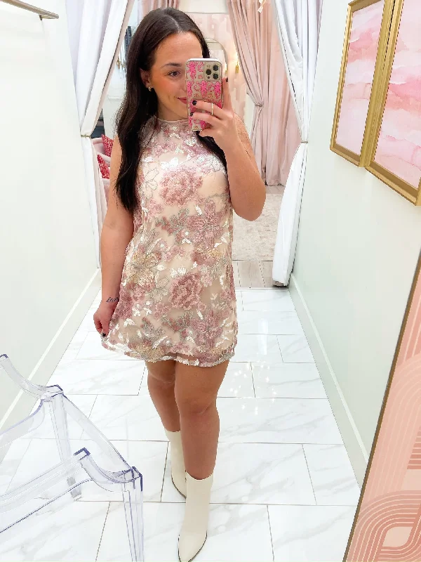 Soft Floral Sequin Mini Dress Comfortable Fit-and-Flare Mini Dress