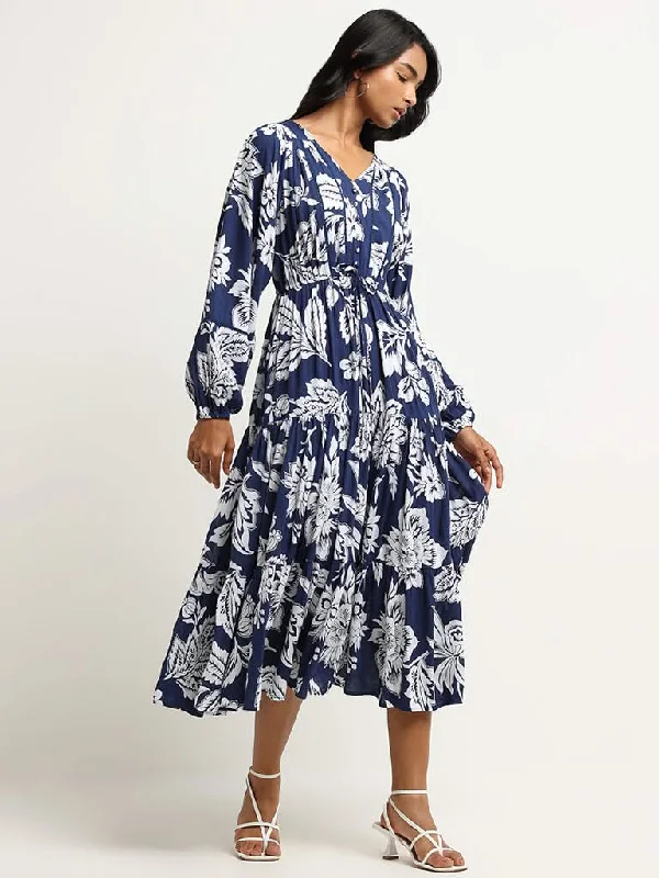 LOV Navy Botanical Print Midi Dress Comfortable Button Front Midi Dress