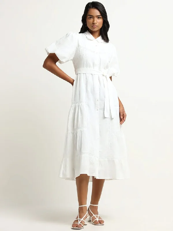 LOV White Embroidered Cotton Midi Dress With Belt Comfortable Casual Midi Dress