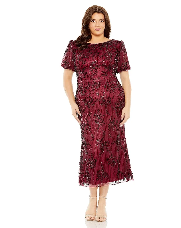 Mac Duggal 5940 Plus Size High Neck Puff Sleeve Embellished Midi Dress Comfortable Ribbed Midi Dress