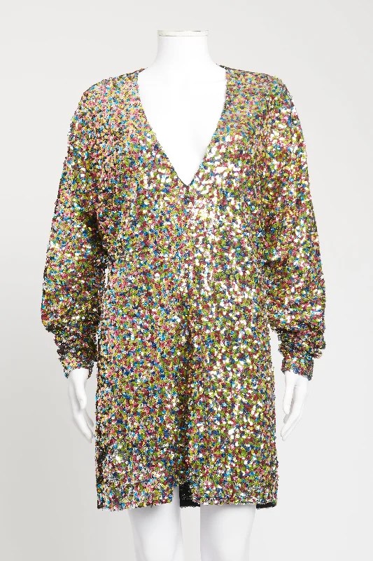 Multicoloured Sequin Preowned Mini Dress Comfortable Off-Shoulder Mini Dress