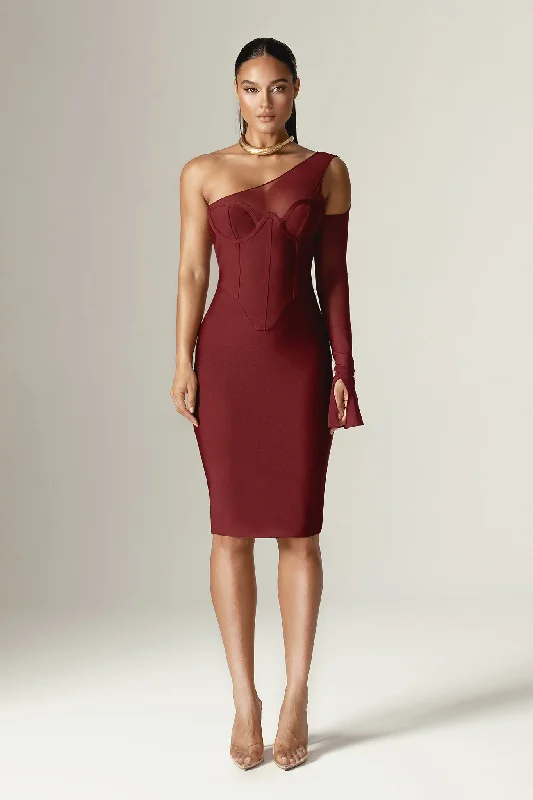 Naomi Mesh Bandage Midi Dress (Burgundy) Cozy Spaghetti Strap Midi Dress